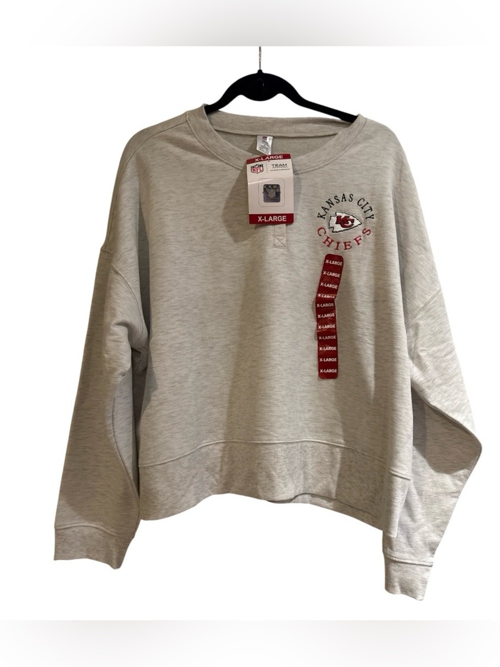 🆕 Kansas City Chiefs Henley Oversize Sweatshirt Women XL Gray Pullover Crop